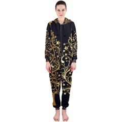 Decorative Starry Christmas Tree Black Gold Elegant Stylish Chic Golden Stars Hooded Jumpsuit (ladies)  by yoursparklingshop