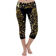 Decorative Starry Christmas Tree Black Gold Elegant Stylish Chic Golden Stars Capri Yoga Leggings by yoursparklingshop