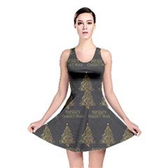 Merry Christmas Tree Typography Black And Gold Festive Reversible Skater Dress by yoursparklingshop