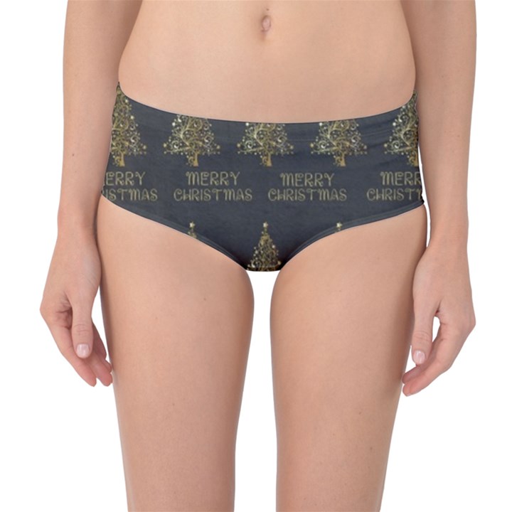 Merry Christmas Tree Typography Black And Gold Festive Mid-Waist Bikini Bottoms