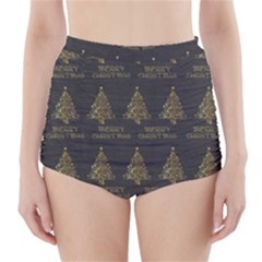 Merry Christmas Tree Typography Black And Gold Festive High-waisted Bikini Bottoms