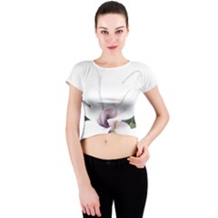 White Magnolia Pencil Drawing Art Crew Neck Crop Top by picsaspassion