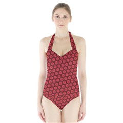 Red Passion Floral Pattern Halter Swimsuit by DanaeStudio