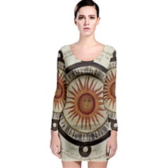 Ancient Aztec Sun Calendar 1790 Vintage Drawing Long Sleeve Bodycon Dress by yoursparklingshop