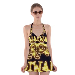 Happy Diwali Yellow Black Typography Halter Swimsuit Dress by yoursparklingshop