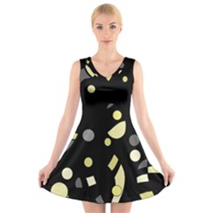 Yellow And Gray Abstract Art V-neck Sleeveless Skater Dress by Valentinaart