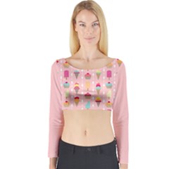 Ice Cream And Cupcake Sweet Tooth Pattern Long Sleeve Crop Top (tight Fit) by LisaGuenDesign