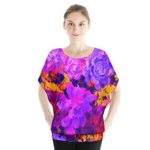 Purple Painted Floral And Succulents Batwing Chiffon Blouse by LisaGuenDesign