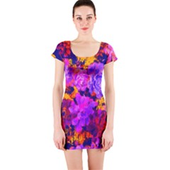 Purple Painted Floral And Succulents Short Sleeve Bodycon Dress