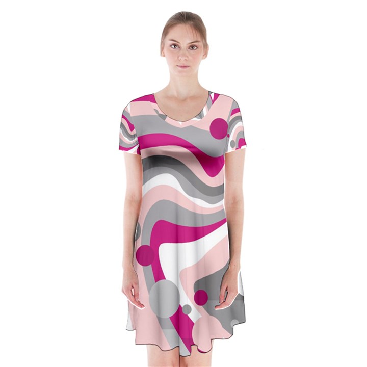 Magenta, pink and gray design Short Sleeve V-neck Flare Dress