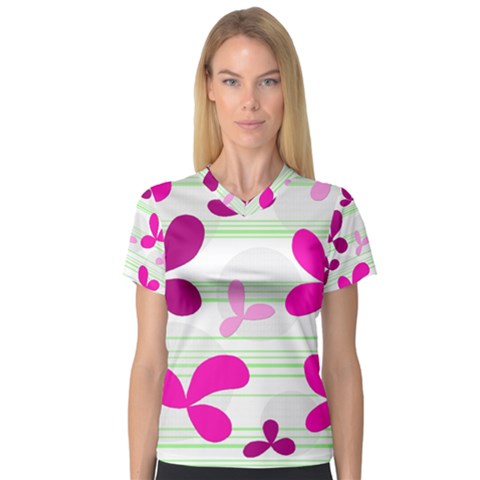 Magenta Floral Pattern Women s V-neck Sport Mesh Tee by Valentinaart