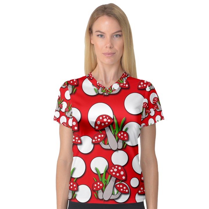 Mushrooms pattern Women s V-Neck Sport Mesh Tee