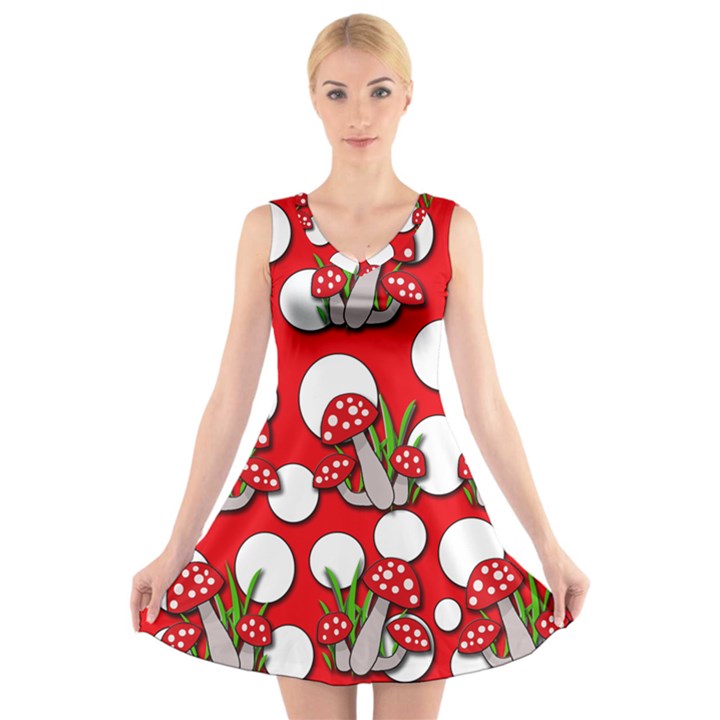 Mushrooms pattern V-Neck Sleeveless Skater Dress