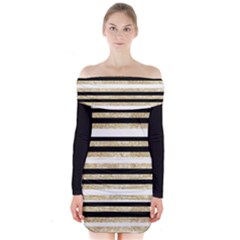 Gold Glitter, Black And White Stripes Long Sleeve Off Shoulder Dress by LisaGuenDesign