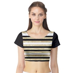 Gold Glitter And Black Stripes Short Sleeve Crop Top (tight Fit) by LisaGuenDesign
