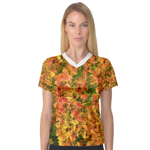 Helenium Flowers And Bees Women s V-neck Sport Mesh Tee by GiftsbyNature