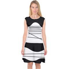 White and black waves Capsleeve Midi Dress