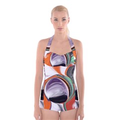 Abstract Orb In Orange, Purple, Green, And Black Boyleg Halter Swimsuit  by digitaldivadesigns