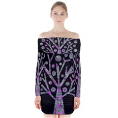 Purple Magical Tree Long Sleeve Off Shoulder Dress by Valentinaart