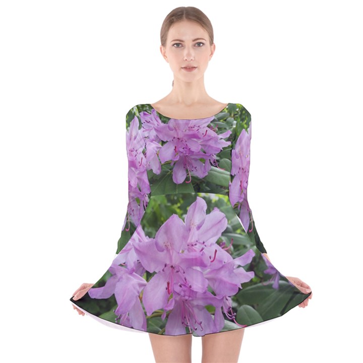 Purple Rhododendron Flower Long Sleeve Velvet Skater Dress