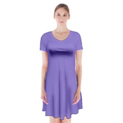 Lilac - Purple Color Design Short Sleeve V-neck Flare Dress by picsaspassion