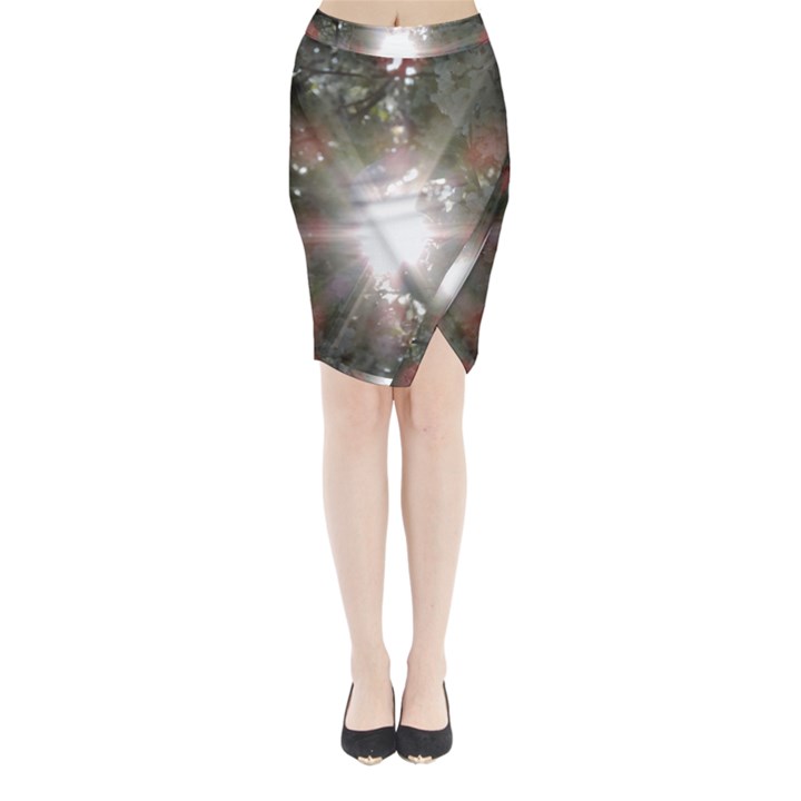 Sun rays through white cherry blossoms Midi Wrap Pencil Skirt