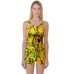 Gentle Yellow Abstract Art One Piece Boyleg Swimsuit by Valentinaart