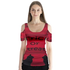 Trick or treat - black cat Butterfly Sleeve Cutout Tee 