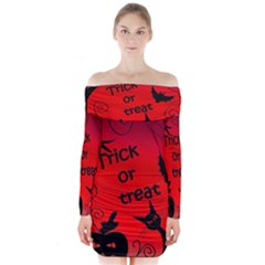 Trick Or Treat - Halloween Landscape Long Sleeve Off Shoulder Dress by Valentinaart