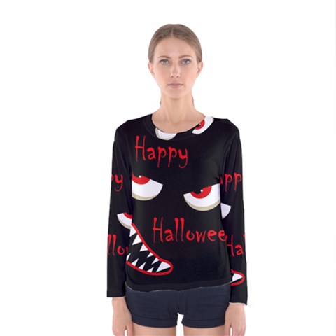 Happy Halloween - Red Eyes Monster Women s Long Sleeve Tee by Valentinaart