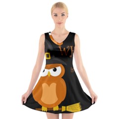 Halloween Witch - Orange Owl V-neck Sleeveless Skater Dress by Valentinaart