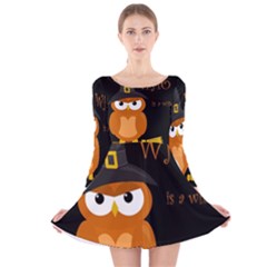 Halloween Witch - Orange Owl Long Sleeve Velvet Skater Dress by Valentinaart