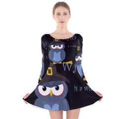 Halloween Witch - Blue Owl Long Sleeve Velvet Skater Dress by Valentinaart