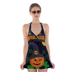 Halloween Witch Pumpkin Halter Swimsuit Dress by Valentinaart