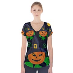 Halloween Witch Pumpkin Short Sleeve Front Detail Top by Valentinaart