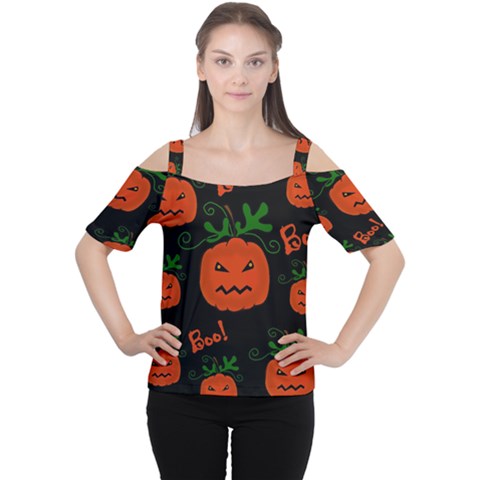 Halloween Pumpkin Pattern Women s Cutout Shoulder Tee by Valentinaart