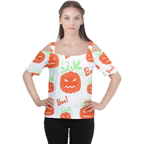 Halloween Pumpkins Pattern Women s Cutout Shoulder Tee by Valentinaart