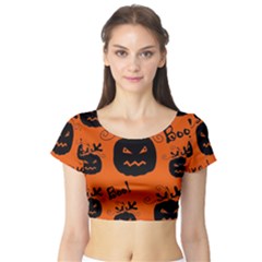 Halloween Black Pumpkins Pattern Short Sleeve Crop Top (tight Fit) by Valentinaart