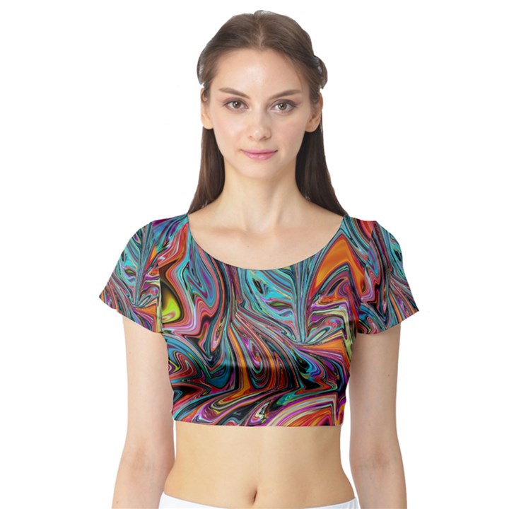 Brilliant Abstract in Blue, Orange, Purple, and Lime-Green  Short Sleeve Crop Top (Tight Fit)