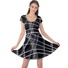 Black And White Warped Lines Cap Sleeve Dresses by Valentinaart