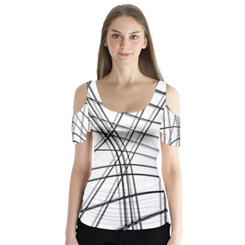 White And Black Warped Lines Butterfly Sleeve Cutout Tee  by Valentinaart
