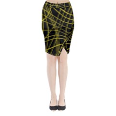 Yellow Abstract Warped Lines Midi Wrap Pencil Skirt