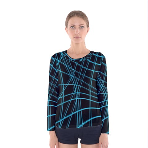 Cyan And Black Warped Lines Women s Long Sleeve Tee by Valentinaart