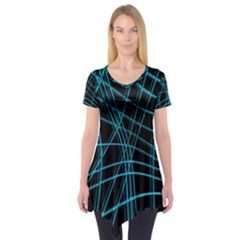 Cyan and black warped lines Short Sleeve Tunic 