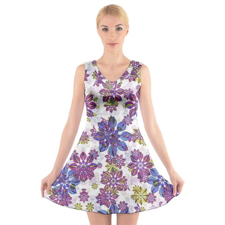 Stylized Floral Ornate V-Neck Sleeveless Skater Dress