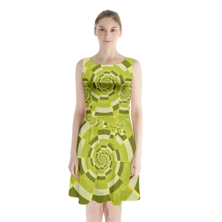 Crazy Dart Green Gold Spiral Sleeveless Chiffon Waist Tie Dress