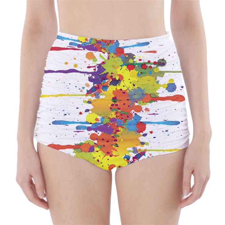 Crazy Multicolored Double Running Splashes High-Waisted Bikini Bottoms