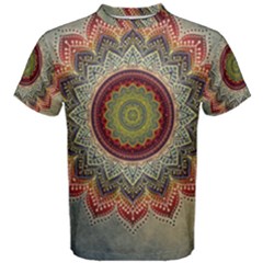 Folk Art Lotus Mandala Dirty Blue Red Men s Cotton Tee by EDDArt