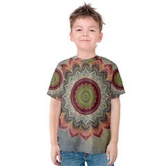 Folk Art Lotus Mandala Dirty Blue Red Kids  Cotton Tee