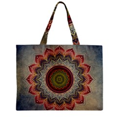 Folk Art Lotus Mandala Dirty Blue Red Zipper Mini Tote Bag